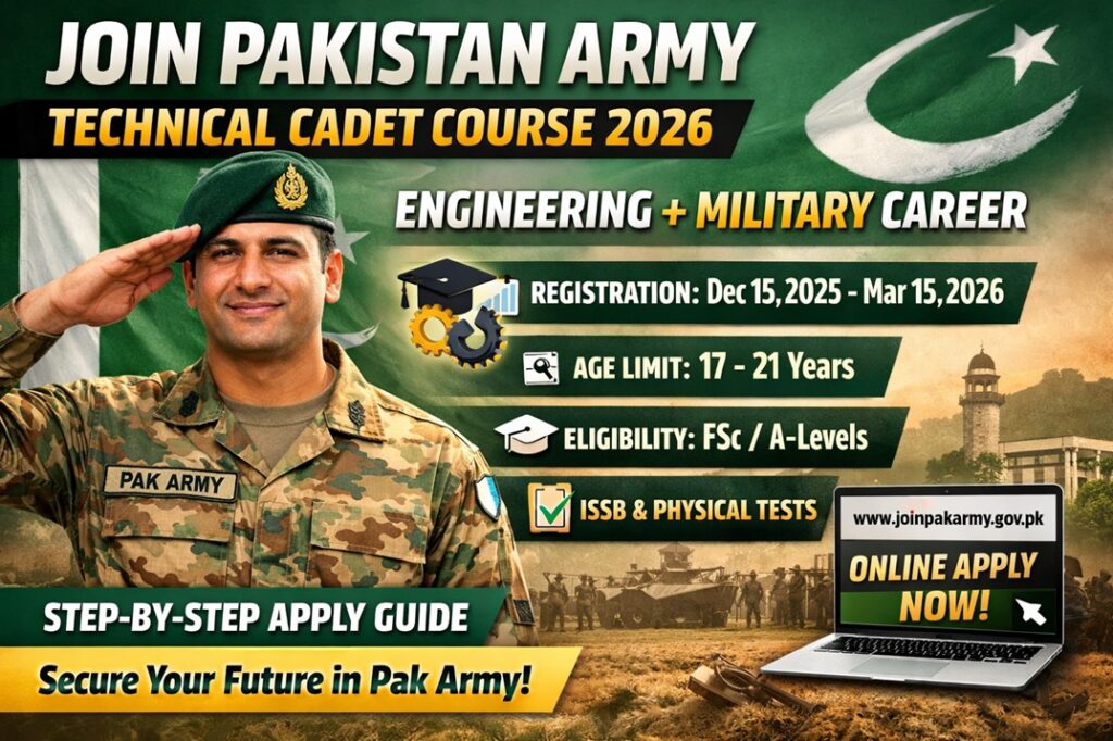 Join Pakistan Army Technical Cadet Course 2026 online registration and eligibility details