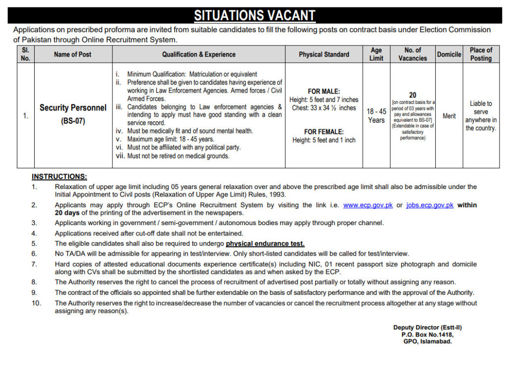 ECP Security Jobs 2026  Apply Online for Election Commission Pakistan Vacancies