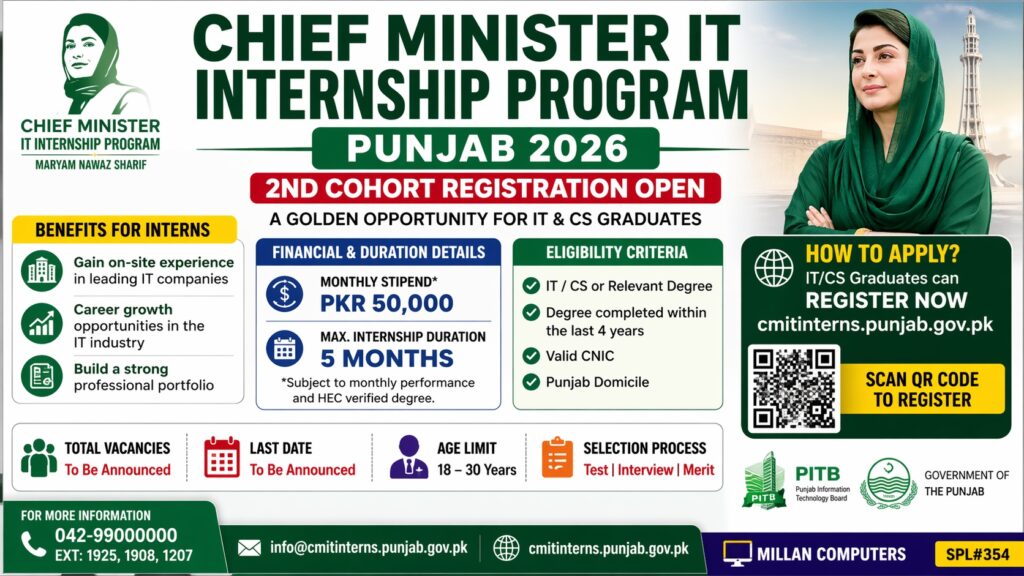Chief Minister IT Internship Program Punjab 2026 registration announcement for IT and Computer Science graduates in Pakistan
