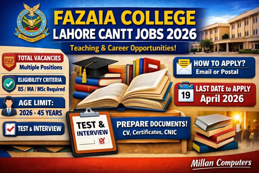 Fazaia Intermediate College Lahore Cantt Jobs 2026  Apply Online, Eligibility, Last Date & Vacancies