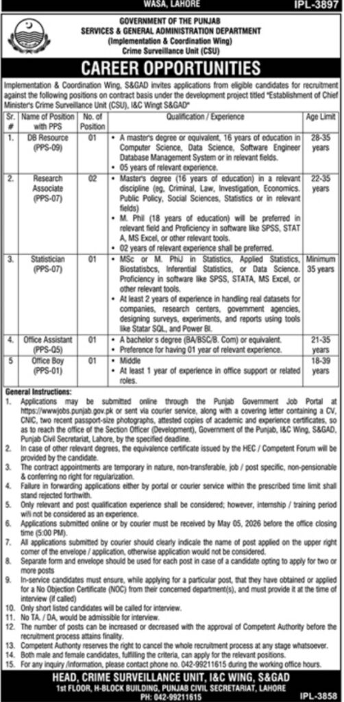 Official Advertisement for Punjab S&GAD Crime Surveillance Unit Career Opportunities 2026