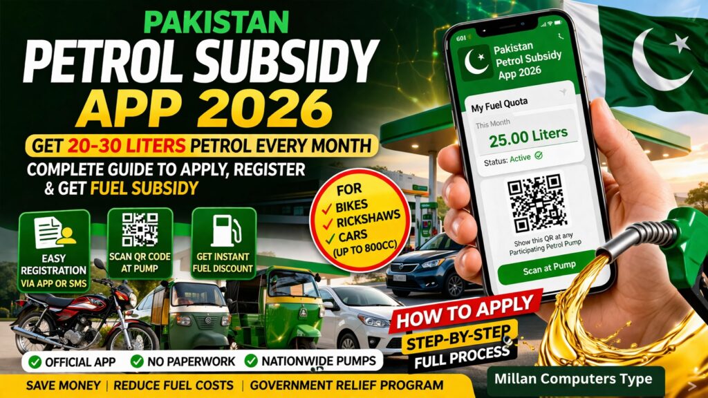 Pakistan Petrol Subsidy App 2026 registration guide showing monthly free fuel quota for motorcycles and small cars