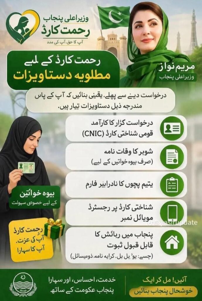 Rehmat Card Punjab registration guide showing eligibility documents and widow support program