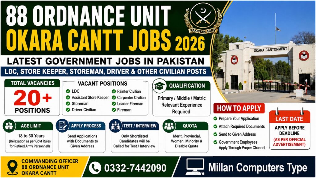 88 Ordnance Unit Okara Cantt Jobs 2026 advertisement for LDC, Storeman, Driver and civilian vacancies in Pakistan
