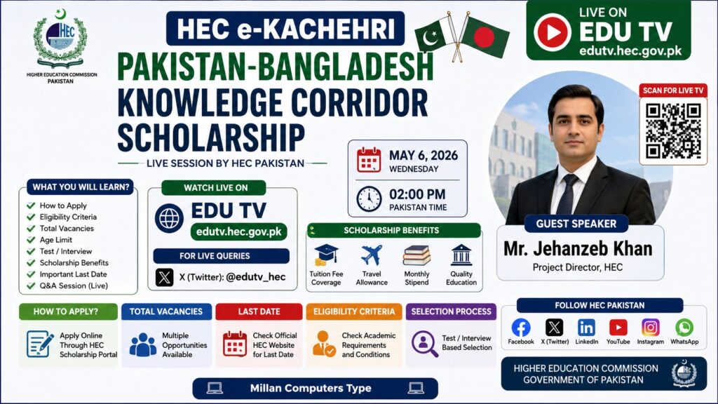 HEC e-KACHEHRI Pakistan Bangladesh Scholarship live session on EDU TV with official announcement banner