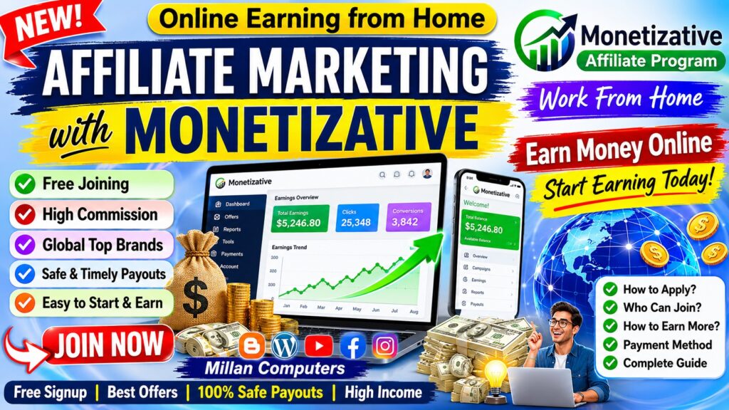 Affiliate marketing online earning with Monetizative platform work from home concept