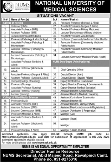 NUMS Jobs 2026 Advertisement National University of Medical Sciences Vacancies Table
