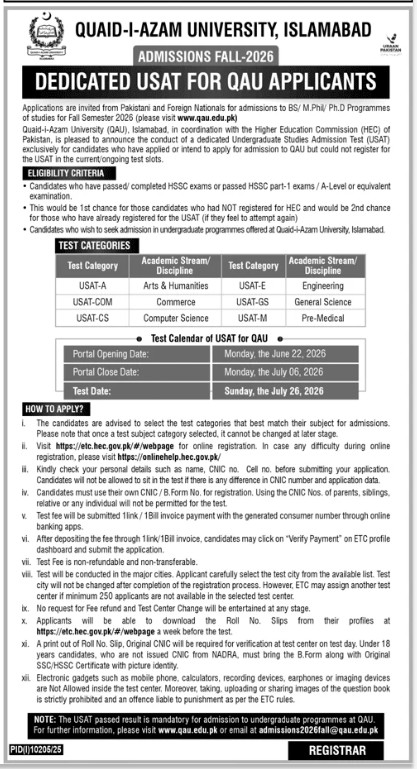 QAU USAT Registration 2026 Fall Admission Test Advertisement