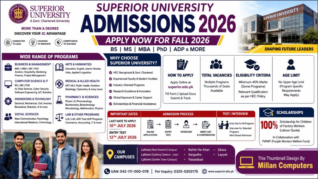 Students can apply for Superior University Admissions 2026 in undergraduate, postgraduate, PhD, and associate degree programs.