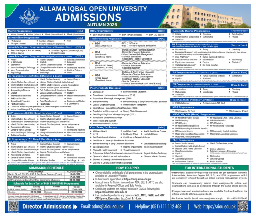 AIOU Admissions Autumn 2026 Official Newspaper Advertisement showing program list and deadlines