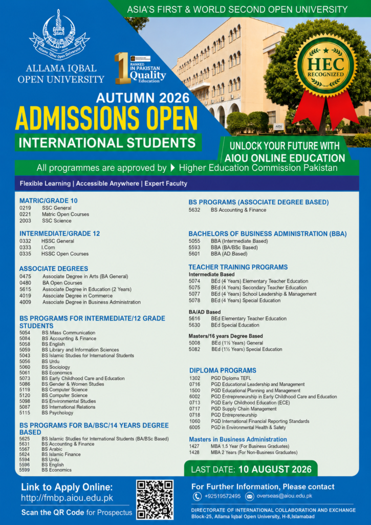 Allama Iqbal Open University Admission Autumn 2026 online apply process guide with deadlines and programs