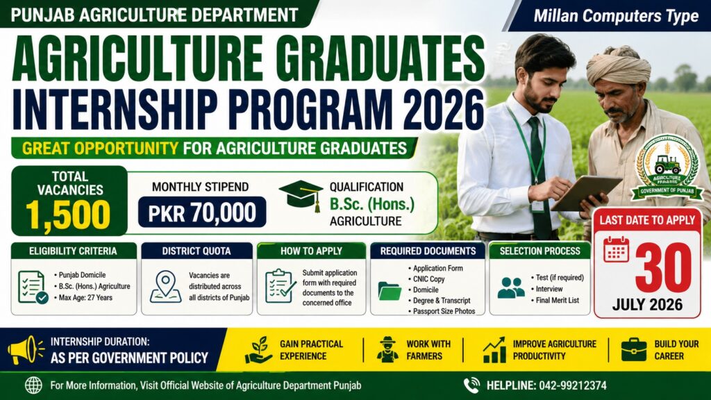 Agriculture Graduates Internship Program 2026 with 1,500 vacancies, PKR 70,000 monthly stipend, eligibility criteria, and Punjab application guide