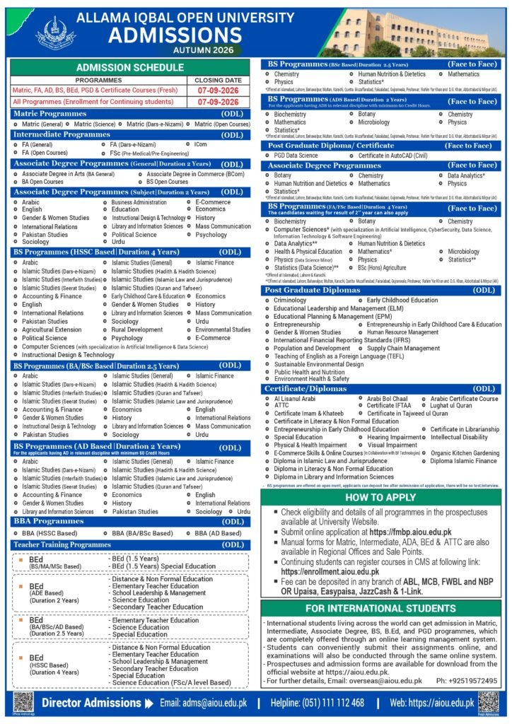 Allama Iqbal Open University Admission Autumn 2026