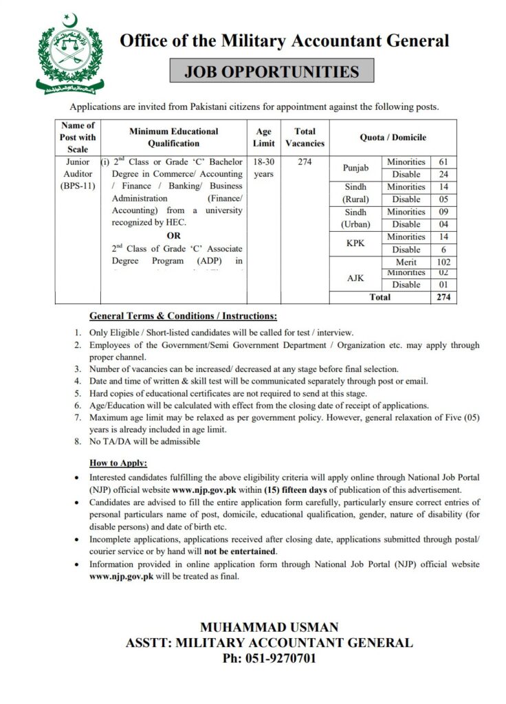 Office of the Military Accountant General Jobs advertisement for Junior Auditor BPS-11 positions