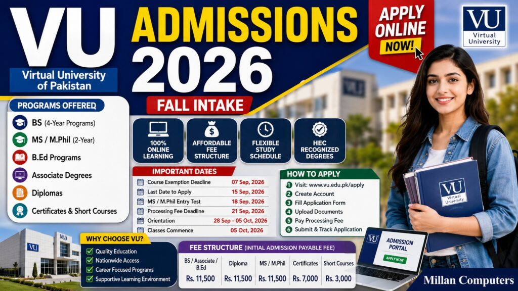 Official admission notice banner for VU Admissions 2026 - Virtual University of Pakistan showing programs and fee structure details