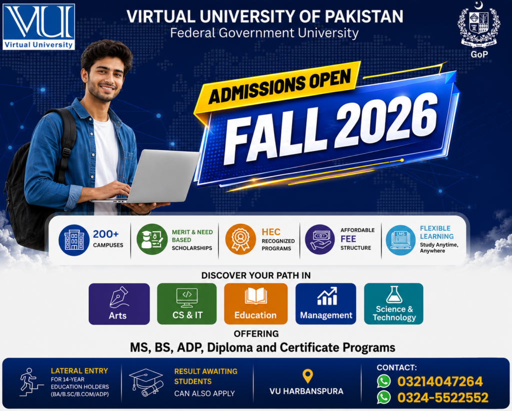 Official admission notice banner for VU Admissions 2026 - Virtual University of Pakistan showing programs and fee structure details