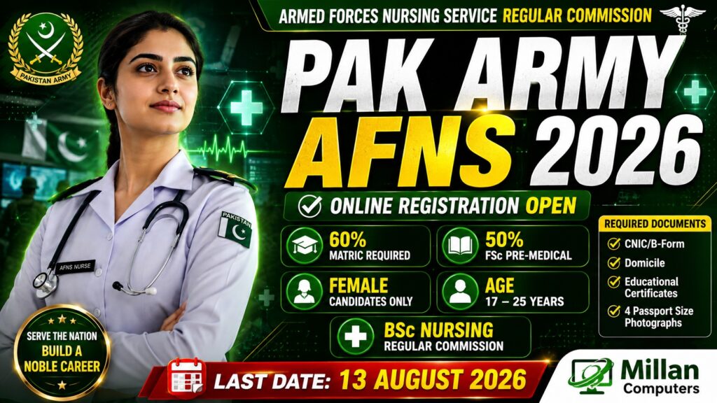 Official recruitment notice banner to Join Pakistan Army AFNS showcasing eligibility criteria and online registration deadlines