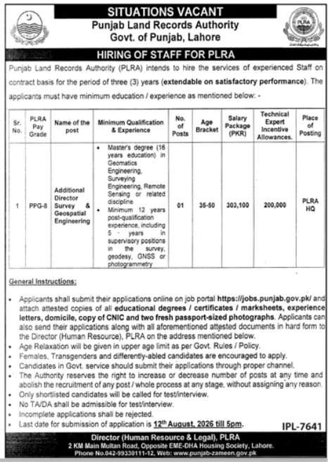 PLRA Jobs 2026 Punjab Land Records Authority vacancy Additional Director Survey eligibility salary last date apply online