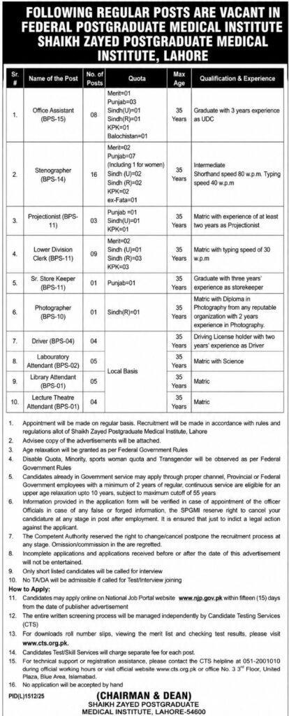 Shaikh Zayed Hospital Lahore Jobs 2026 Advertisement Notification