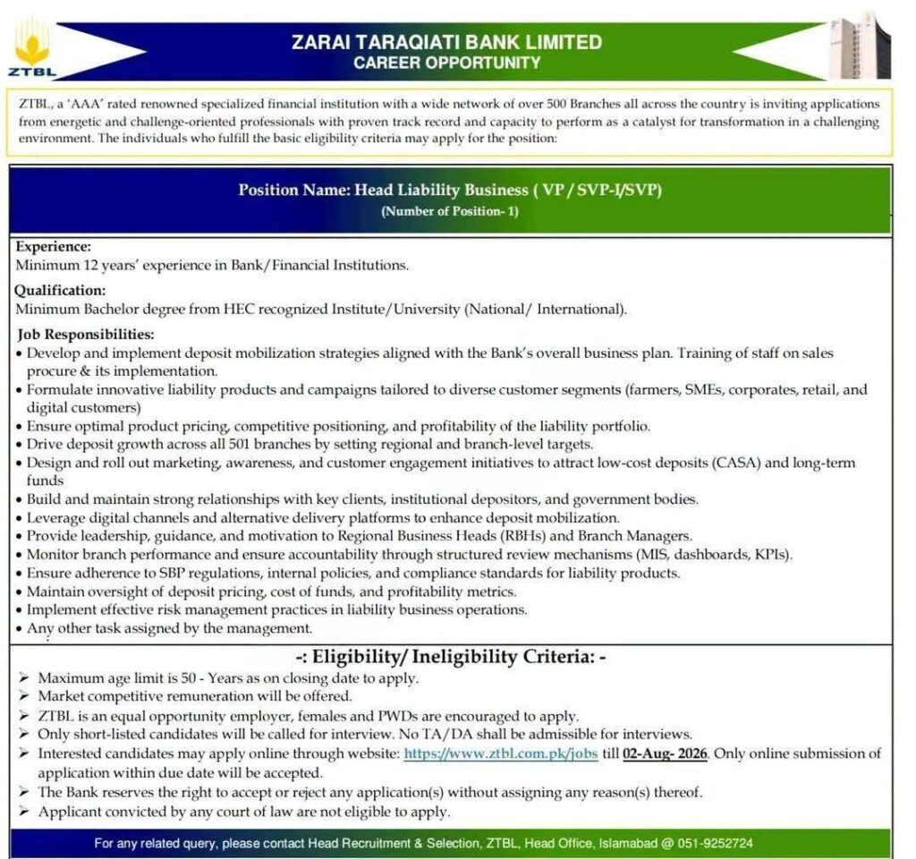 ZTBL Jobs 2026 Zarai Taraqiati Bank Limited Career Opportunities Advertisement