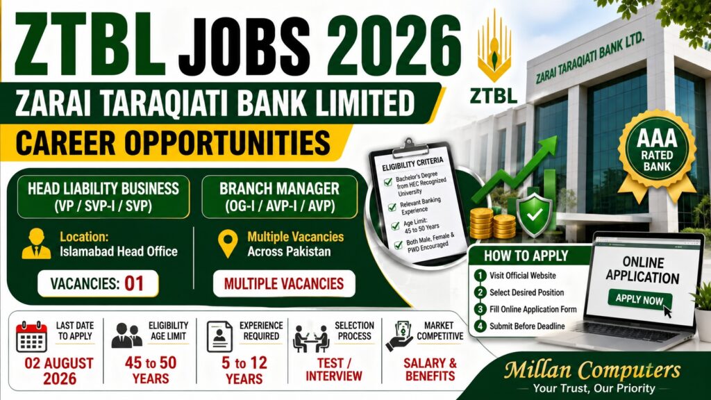 ZTBL Jobs 2026 Zarai Taraqiati Bank Limited Career Opportunities Advertisement