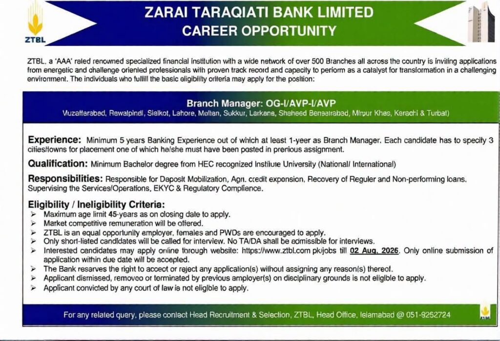 ZTBL Jobs 2026 Zarai Taraqiati Bank Limited Career Opportunities Advertisement