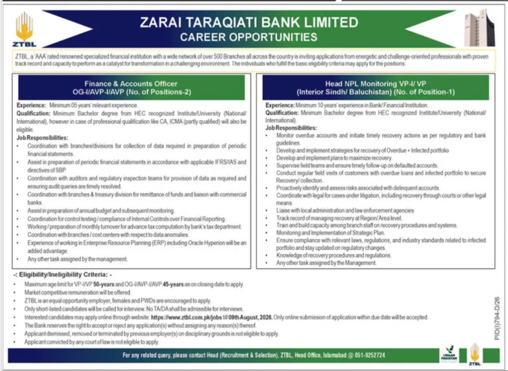 ZTBL Jobs 2026 apply online thumbnail showing vacancies, last date, eligibility criteria, and banking career opportunities in Pakistan