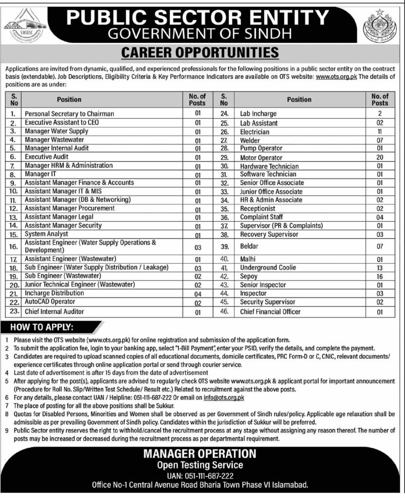 Advertisement of Public Sector Entity Government of Sindh Jobs 2026 Official OTS Advertisement Notice