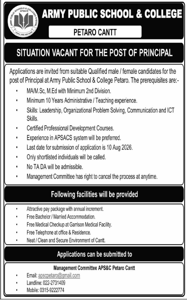 Army Public School Petaro Jobs 2026 Official Job Advertisement Notice