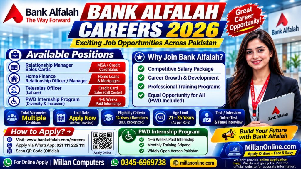 Official Bank Alfalah Careers 2026 Job Advertisement for Sales, Telesales, and PWD Internship Openings