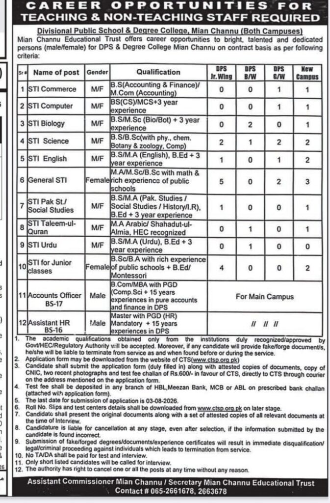 DPS Mian Channu Jobs 2026 announcement for teaching and non-teaching staff recruitment with CTS application details