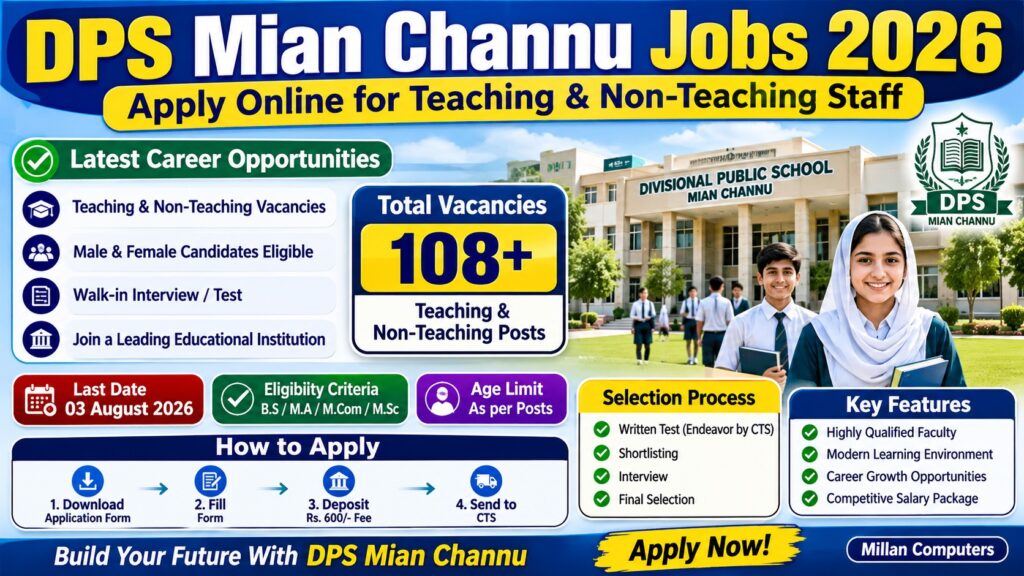 DPS Mian Channu Jobs 2026 announcement for teaching and non-teaching staff recruitment with CTS application details