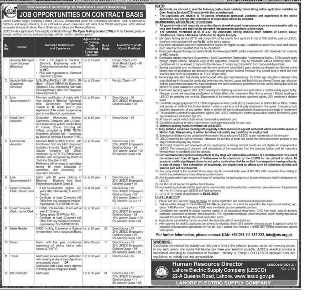 Official LESCO Jobs 2026 Apply Online Advertisement Notification by Open Testing Service OTS.