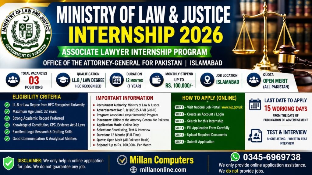 Official advertisement of Ministry of Law and Justice Internship 2026 for Associate Lawyer positions in Islamabad