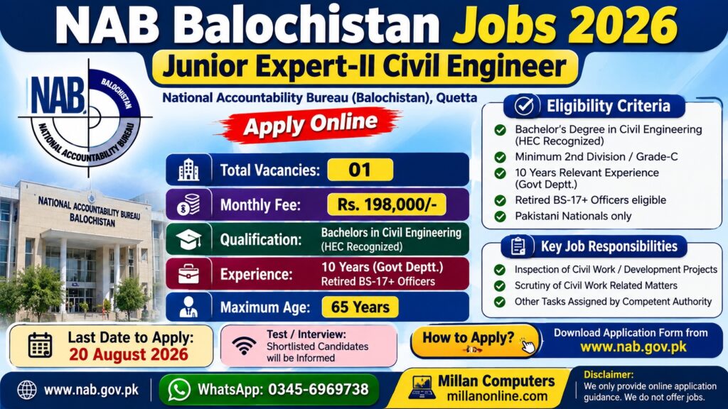 NAB Balochistan Jobs 2026 – Junior Expert-II Civil Engineer NAB Balochistan Jobs 2026 Junior Expert-II Civil Engineer