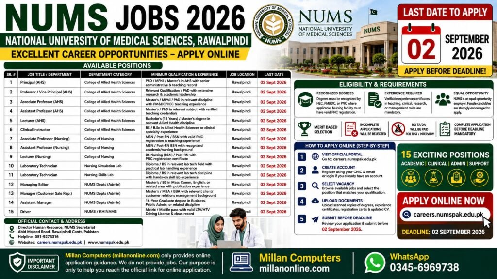 NUMS Jobs 2026 Official Newspaper Advertisement Notification Details