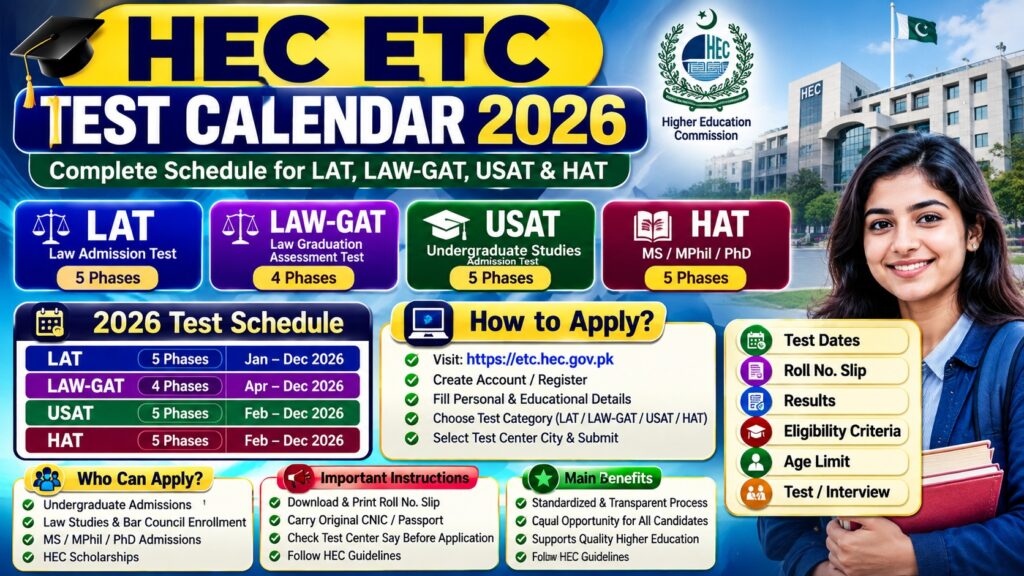Official HEC ETC Test Calendar 2026 schedule chart showing LAT, LAW-GAT, USAT, and HAT registration deadlines and test dates.