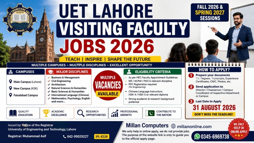 Official newspaper advertisement for UET Lahore Visiting Faculty Jobs 2026 showing subject courses and application guidelines.