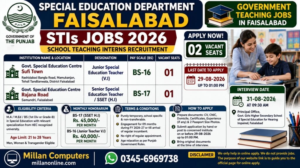 Official recruitment advertisement for Special Education Department Faisalabad STIs Jobs 2026 showing School Teaching Interns vacancies