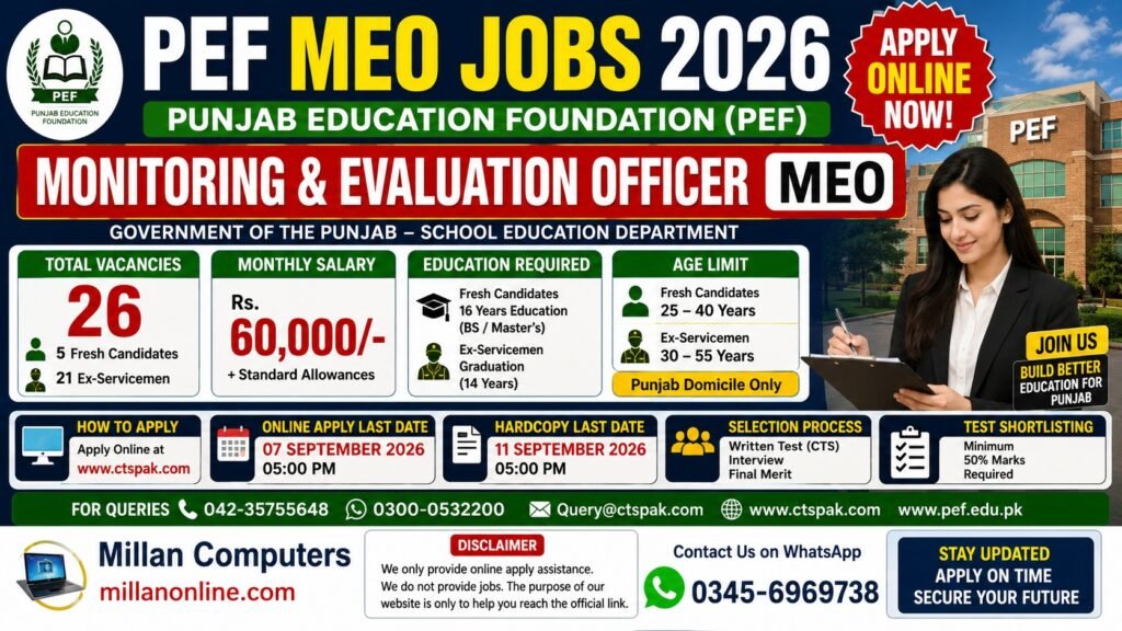 PEF MEO Jobs 2026 official advertisement notice for Monitoring and Evaluation Officer positions in Punjab