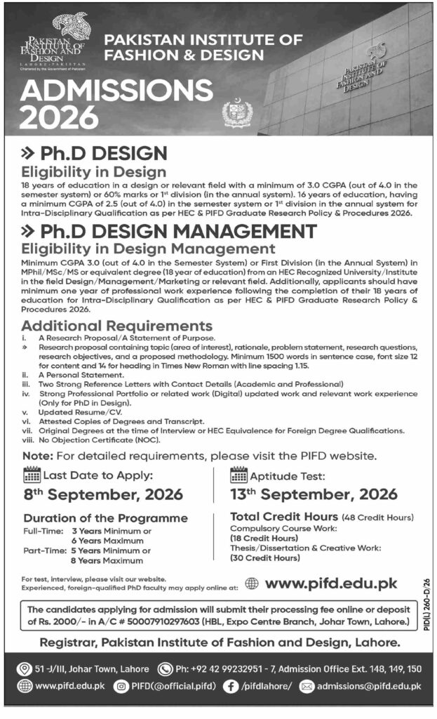 PIFD PhD Admissions 2026 Advertisement