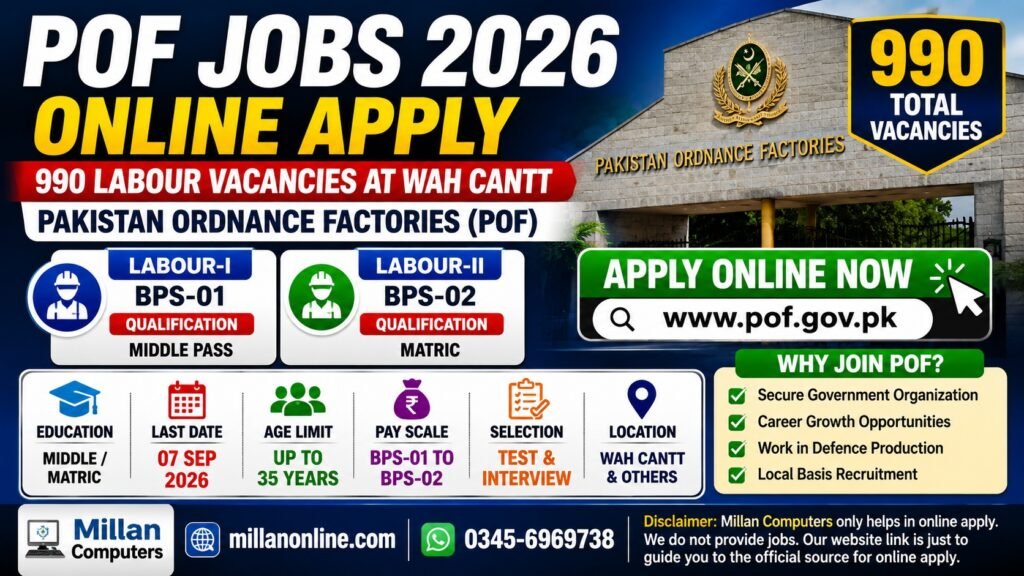 POF Jobs 2026 Online Apply Advertisement Notification Banner for 990 Labour Positions at Wah Cantt