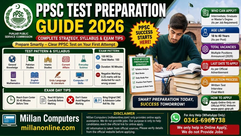 PPSC Test Preparation Guide 2026 banner showing syllabus breakdown and study tips