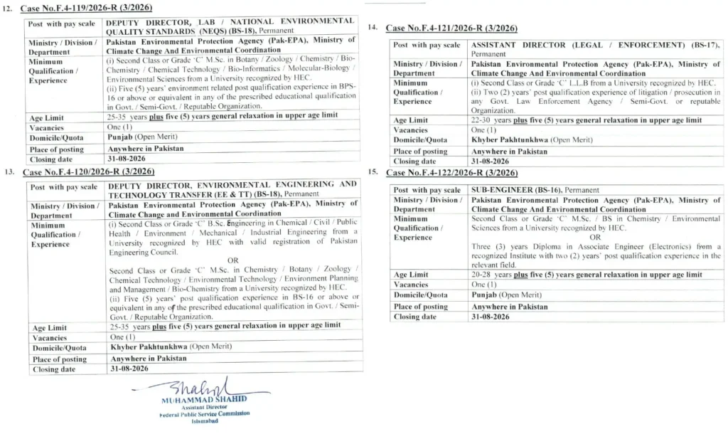 Pakistan Environmental Protection Agency Jobs 2026 FPSC Official Advertisement Notification.