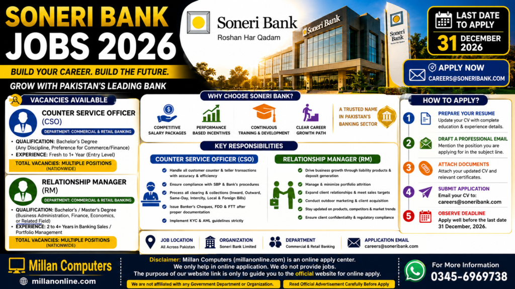Soneri Bank Jobs 2026 Official Recruitment Advertisement for Counter Service Officer and Relationship Manager