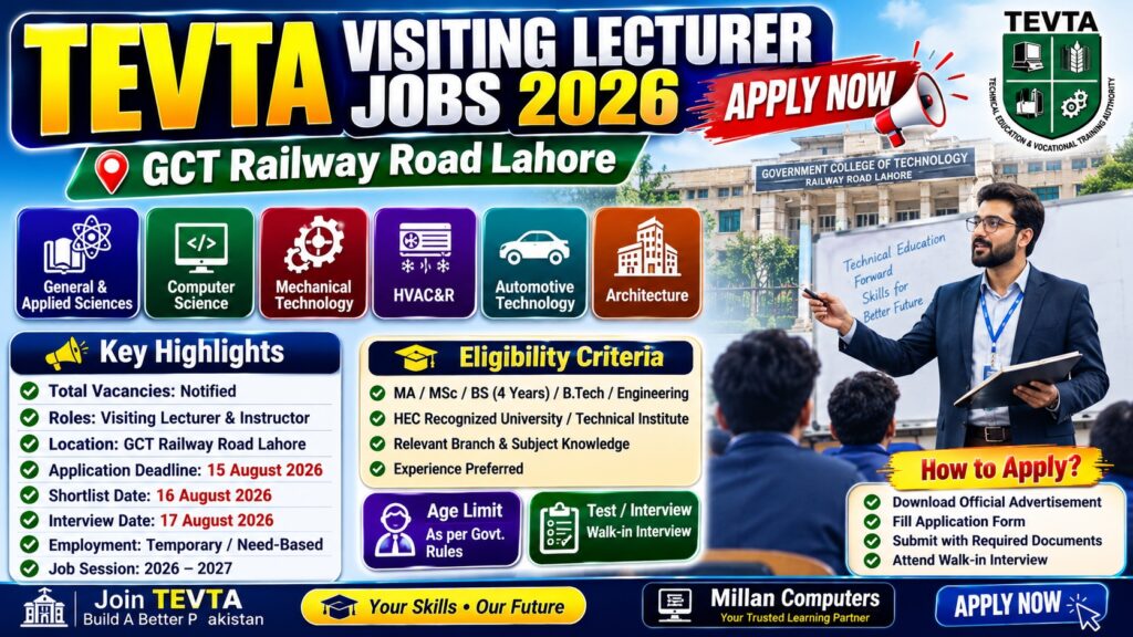 TEVTA Visiting Lecturer Jobs 2026 GCT Railway Road Lahore Advertisement