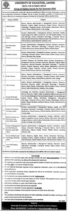 UE Lahore Jobs 2026 Official Newspaper Advertisement