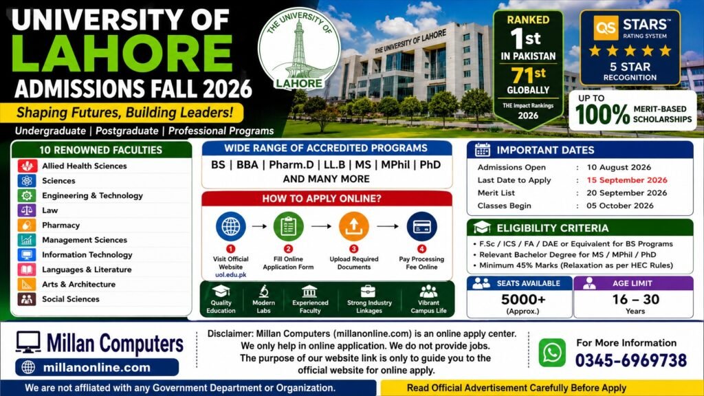 University of Lahore Admissions Fall 2026 Advertisement Notice featuring BS degree programs and scholarships
