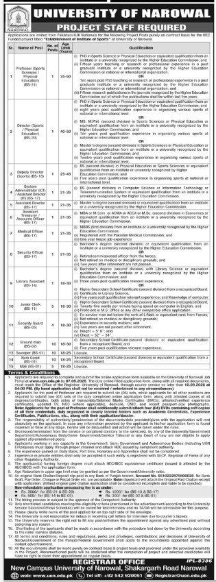 University of Narowal Jobs 2026 official recruitment advertisement banner
