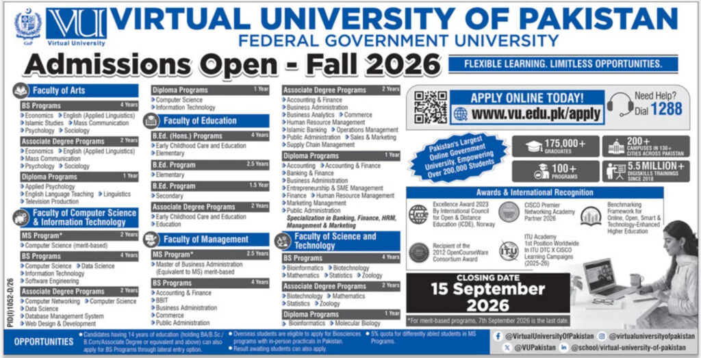 Virtual University Admissions Fall 2026 Official Advertisement Notice